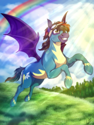 Size: 3000x4000 | Tagged: safe, artist:lupiarts, oc, oc only, oc:noctis fructosi junior, bat pony, pony, bat pony oc, clothes, commission, crepuscular rays, flying, goggles, grass field, rainbow, scenery, solo, tree, uniform, wonderbolts uniform