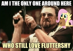 Size: 2880x2004 | Tagged: safe, edit, fluttershy, g4, am i the only one around here, cute, gun, high res, image macro, meme, mouth hold, reloading, shyabetes, text, the big lebowski, travel bag, weapon