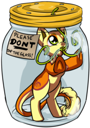 Size: 889x1260 | Tagged: safe, artist:dawnallies, part of a set, oc, oc only, oc:non toxic, monster pony, original species, tatzlpony, don't tap the pony in the jar, glass, jar, part of a series, simple background, solo, tentacle tongue, tentacles, tongue out, transparent background, trapped