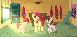 Size: 2500x1223 | Tagged: safe, artist:doretihome, apple bloom, pipsqueak, oc, earth pony, pony, g4, blank flank, clubhouse, colt, crusaders clubhouse, female, filly, freckles, male, trio