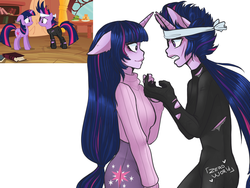 Size: 1600x1200 | Tagged: safe, artist:hello-myzeroworld, twilight sparkle, human, unicorn, g4, clothes, couple, eared humanization, floppy ears, future twilight, horn, horned humanization, humanized, looking at each other, scene interpretation, simple background, spin off, white background