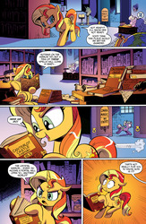 Size: 1073x1650 | Tagged: safe, artist:andypriceart, official comic, megan williams, sunset shimmer, pony, unicorn, idw, spoiler:comic, spoiler:comicannual2013, advertisement, andy you magnificent bastard, book, canterlot library, comic, evil dead, faic, female, idw advertisement, implied princess celestia, librarian, library, mare, necronomicon, offscreen character, preview