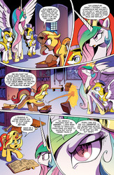 Size: 1073x1650 | Tagged: safe, princess celestia, sunset shimmer, alicorn, pegasus, pony, unicorn, idw, spoiler:comic, spoiler:comicannual2013, advertisement, angry, barrier, book, bookshelf, eye reflection, female, idw advertisement, library, magic, male, preview, reflection, royal guard, scroll, shield, sin of pride, spread wings, wings