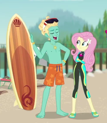 Size: 493x567 | Tagged: safe, screencap, fluttershy, zephyr breeze, human, blue crushed, equestria girls, equestria girls series, g4, barefoot, brother and sister, clothes, cropped, eyes closed, feet, female, fluttershy's wetsuit, glasses, male, male feet, male nipples, nipples, partial nudity, sandals, shorts, surfboard, swimsuit, topless, wetsuit