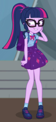 Size: 276x602 | Tagged: safe, screencap, sci-twi, twilight sparkle, equestria girls, g4, my little pony equestria girls: better together, star crossed, bag, blushing, clothes, cropped, cute, female, geode of telekinesis, glasses, ponytail, shoes, skirt, smiling, socks