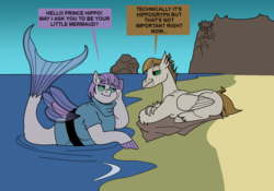 Size: 1631x1139 | Tagged: safe, artist:monterrang, maud pie, mudbriar, hippogriff, seapony (g4), tumblr:ask fat maud pie, g4, surf and/or turf, beach, dialogue, fat, female, hippogriffied, male, maud pudge, ocean, pun, seaponified, ship:maudbriar, shipping, species swap, straight, technically