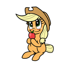 Size: 800x800 | Tagged: safe, artist:bennimarru, applejack, earth pony, pony, g4, apple, applejack's hat, blank flank, blushing, cowboy hat, cute, digital art, female, filly, flat colors, food, freckles, hat, jackabetes, looking up, manechat challenge, simple background, solo, that pony sure does love apples, white background, young, younger