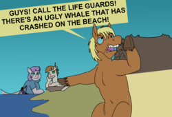 Size: 1636x1113 | Tagged: safe, artist:monterrang, maud pie, mudbriar, oc, oc:hammer sledge, hippogriff, pony, seapony (g4), tumblr:ask fat maud pie, g4, surf and/or turf, beach, blunt, dialogue, downvote bait, fat, fat shaming, female, hippogriffied, male, maud pudge, ocean, seaponified, ship:maudbriar, shipping, species swap, straight, this will end in pain, this will not end well