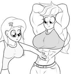 Size: 854x890 | Tagged: safe, artist:matchstickman, applejack, fluttershy, human, g4, abs, applejacked, armpits, belt, biceps, breasts, busty applejack, busty fluttershy, clothes, duo, female, humanized, monochrome, muscles, muscular female, pants, shirt, simple background, touching, white background