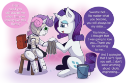 Size: 1194x780 | Tagged: safe, artist:vavacung, rarity, sweetie belle, pony, robot, robot pony, unicorn, g4, aftermath, cute, damaged, destabilize, duo, feels, female, heartwarming, sibling love, siblings, sisterly love, sisters, sweetie bot, weapon, weapons-grade cute