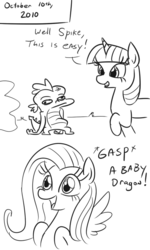 Size: 483x804 | Tagged: safe, artist:jargon scott, fluttershy, spike, twilight sparkle, dragon, pegasus, pony, unicorn, friendship is magic, g4, season 1, comic, excited, female, fluttershy steals animals, male, monochrome, this will not end well