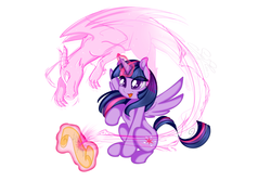 Size: 4500x3000 | Tagged: safe, artist:saralien, twilight sparkle, alicorn, dragon, pony, g4, glowing horn, horn, magic, scroll, simple background, telekinesis, twilight sparkle (alicorn), white background