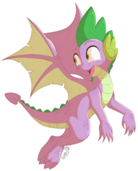 Size: 1450x1796 | Tagged: safe, artist:spirit-1, spike, dragon, g4, molt down, flying, looking back, male, open mouth, pleased, simple background, solo, transparent background, winged spike, wings
