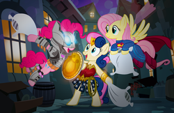 Size: 1000x647 | Tagged: safe, artist:pixelkitties, bon bon, fluttershy, pinkie pie, sweetie drops, earth pony, pegasus, pony, g4, amused, batman, batmare, bon bon is amused, cape, clothes, costume, crossover, cute, dc comics, diapinkes, female, flying, justice league, lasso, lasso of truth, male, mare, open mouth, pillow, pillow fight, rope, shield, shyabetes, smiling, superman, supermare, trio, wonder woman