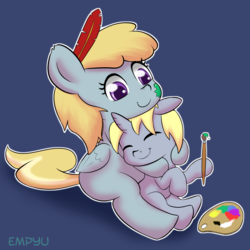 Size: 1000x1000 | Tagged: safe, artist:empyu, chirpy hooves, dipsy hooves, pegasus, pony, unicorn, g4, awww, brother and sister, chirpabetes, colt, cuddling, cute, duo, feather, female, filly, hug, male, paintbrush, quill, smiling
