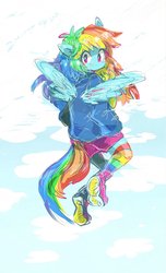 Size: 1239x2033 | Tagged: safe, artist:osawari64, rainbow dash, equestria girls, g4, clothes, female, flying, looking at you, looking back, looking back at you, ponied up, rainbow socks, shoes, sneakers, socks, solo, striped socks