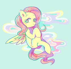 Size: 2048x1986 | Tagged: safe, artist:osawari64, fluttershy, pegasus, pony, g4, blushing, female, looking at you, mare, simple background, solo, spread wings, three quarter view, wings