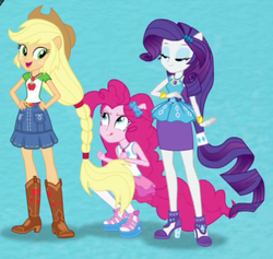 Size: 543x514 | Tagged: safe, screencap, applejack, pinkie pie, rarity, equestria girls, g4, my little pony equestria girls: better together, cropped, cute, grin, happy, intro, ponied up, smiling