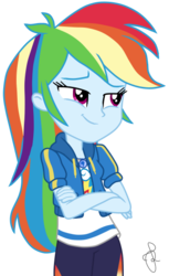 Size: 350x571 | Tagged: safe, artist:ilaria122, rainbow dash, equestria girls, g4, my little pony equestria girls: better together, pinkie pie: snack psychic, bedroom eyes, clothes, crossed arms, cute, dashabetes, female, geode of super speed, jacket, magical geodes, pants, shirt, simple background, smiling, smirk, solo, t-shirt, transparent background
