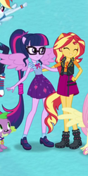 Size: 314x626 | Tagged: safe, screencap, fluttershy, rainbow dash, sci-twi, spike, spike the regular dog, sunset shimmer, twilight sparkle, dog, equestria girls, g4, my little pony equestria girls: better together, boots, clothes, converse, cropped, eyes closed, female, glasses, high heel boots, intro, jacket, offscreen character, ponied up, pony ears, ponytail, sci-twilicorn, shoes, skirt, smiling, socks