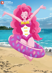Size: 900x1273 | Tagged: safe, artist:emjapeve-art, pinkie pie, equestria girls, equestria girls specials, g4, my little pony equestria girls: better together, my little pony equestria girls: forgotten friendship, anime style, beach, breasts, busty pinkie pie, clothes, eyes closed, female, inflatable, inner tube, ocean, one-piece swimsuit, open mouth, pinkie pie swimsuit, pool toy, sand, solo, swimsuit, watermark