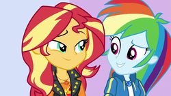 Size: 1920x1080 | Tagged: safe, screencap, rainbow dash, sunset shimmer, a fine line, equestria girls, g4, my little pony equestria girls: better together, female, geode of empathy, geode of super speed, looking at each other, magical geodes