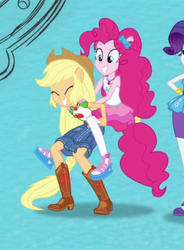 Size: 417x567 | Tagged: safe, screencap, applejack, pinkie pie, equestria girls, g4, my little pony equestria girls: better together, boots, clothes, cowboy boots, cowboy hat, cropped, cute, denim skirt, eyes closed, female, hat, humans riding humans, intro, leapfrog, pantyhose, piggyback ride, pinkie pie riding applejack, ponied up, pony ears, riding, shoes, skirt, stetson