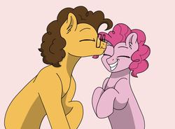 Size: 1362x1000 | Tagged: safe, artist:pastel-charms, cheese sandwich, pinkie pie, pony, g4, female, glasses, happy, kissing, male, pink background, ship:cheesepie, shipping, simple background, straight, text