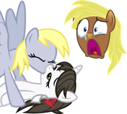 Size: 528x476 | Tagged: safe, artist:lucefudu, derpy hooves, raven, oc, pegasus, pony, unicorn, g4, .svg available, crying, female, kiss on the lips, kissing, lesbian, sad, sad pony, ship:derpaven, shipping, shipping denied, simple background, spread wings, svg, teary eyes, transparent background, vector, wingboner, wings