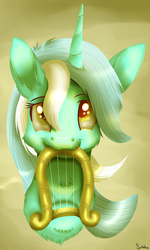 Size: 1000x1669 | Tagged: safe, artist:sintakhra, lyra heartstrings, pony, unicorn, g4, bust, cute, female, fluffy, harp, lyre, mouth hold, musical instrument, portrait, simple background, solo