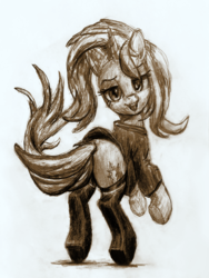 Size: 360x480 | Tagged: safe, artist:xbi, sunset shimmer, pony, unicorn, g4, clothes, female, looking at you, looking back, looking back at you, mare, monochrome, never doubt ncmares's involvement, pencil drawing, shirt, simple background, socks, solo, traditional art, white background