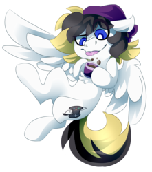 Size: 2117x2400 | Tagged: safe, artist:nekosnicker, oc, oc only, oc:rory gigabyte, pegasus, pony, :p, beanie, coffee, flying, hat, high res, male, silly, simple background, solo, tongue out, transparent background