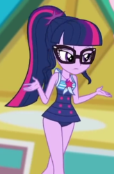 Size: 364x555 | Tagged: safe, screencap, sci-twi, twilight sparkle, equestria girls, g4, my little pony equestria girls: better together, x marks the spot, blinking, clothes, cropped, eyebrows, female, geode of telekinesis, glasses, jewelry, legs, magical geodes, necklace, raised eyebrow, sci-twi swimsuit, shrug, sleeveless, solo, swimsuit, walking