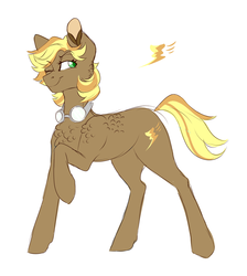 Size: 1024x1142 | Tagged: safe, artist:anyatrix, oc, oc only, oc:whiplash, earth pony, pony, female, goggles, magical gay spawn, mare, offspring, one eye closed, parent:braeburn, parent:soarin', parents:soarburn, simple background, solo, white background, wink