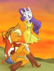 Size: 600x800 | Tagged: safe, artist:yyhands, applejack, rarity, anthro, g4, blushing, boots, clothes, cute, female, high heel boots, lesbian, pretty, ship:rarijack, shipping, shoes, sunset