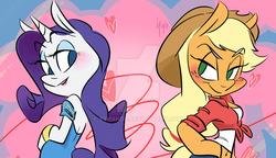 Size: 1024x591 | Tagged: safe, artist:yyhands, applejack, rarity, anthro, g4, blushing, clothes, cowboy hat, cute, female, hat, heart, lesbian, looking at each other, ship:rarijack, shipping