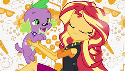 Size: 1920x1080 | Tagged: safe, screencap, spike, spike the regular dog, sunset shimmer, dog, equestria girls, g4, my little pony equestria girls: better together, geode of empathy, holding a dog, intro, non-shipping, opening theme, out of context, ponied up