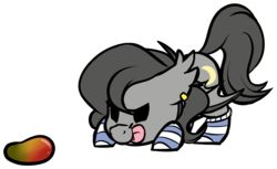 Size: 1774x1085 | Tagged: safe, artist:kellythedrawinguni, oc, oc only, oc:crescent, bat pony, pony, :p, :t, bat pony oc, chibi, clothes, crouching, cute, ear piercing, ear tufts, earring, eyes on the prize, face down ass up, fangs, female, floppy ears, food, glare, imminent pounce, jewelry, looking at something, mango, mare, ocbetes, piercing, pounce, simple background, smiling, smirk, socks, solo, striped socks, tongue out, transparent background, weapons-grade cute