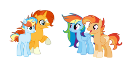 Size: 2776x1392 | Tagged: dead source, safe, artist:rainbows-skies, rainbow dash, sunburst, oc, oc:fire blade, oc:magic rainbow, pegasus, pony, unicorn, g4, male, offspring, parent:rainbow dash, parent:sunburst, parents:rainbowburst, rainbowburst, simple background, stallion, transparent background