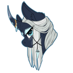 Size: 1024x1024 | Tagged: safe, artist:nyghtfyreartist, oc, oc only, oc:satin, pony, unicorn, bust, curved horn, female, horn, horn jewelry, jewelry, mare, portrait, simple background, solo, transparent background, watermark