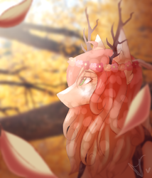 Size: 1198x1400 | Tagged: safe, artist:mauuwde, oc, oc only, oc:sleepy, deer pony, original species, bust, female, leaf, portrait, solo