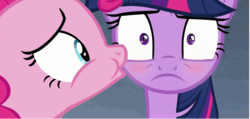 Size: 617x293 | Tagged: safe, edit, edited screencap, screencap, pinkie pie, twilight sparkle, pony, g4, horse play, blushing, cheek kiss, female, frown, kissing, lesbian, mare, ship:twinkie, shipping