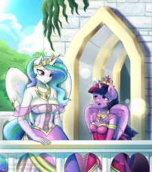 Size: 797x900 | Tagged: safe, artist:draltruist, part of a set, princess celestia, twilight sparkle, alicorn, anthro, series:twilight sparkle's transformation, g4, balcony, big breasts, big crown thingy, breasts, busty princess celestia, castle, cleavage, clothes, dress, female, horn, jewelry, looking at each other, part of a series, regalia, twilight sparkle (alicorn), vine, wings