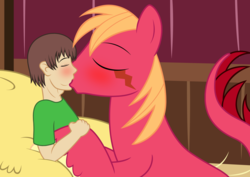 Size: 2920x2064 | Tagged: safe, artist:badumsquish, derpibooru exclusive, big macintosh, oc, oc:generic messy hair anime anon, human, monster pony, original species, pony, tatzlpony, g4, barn, canon x oc, cheek bulge, deep kissing, eyes closed, french kiss, gay, hay, hay bale, high res, human male, human on pony kissing, interspecies, kissing, male, maledom, malesub, pony on human action, show accurate, species swap, stallion, stallion on human male, submissive, tail wag, tatzlmac, tentacle tongue, tentacles, throat bulge