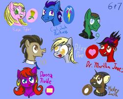 Size: 1000x800 | Tagged: safe, artist:sixes&sevens, derpibooru exclusive, derpy hooves, doctor whooves, time turner, g4, doctor who, donna noble, floating head, jack harkness, martha jones, mickey smith, ninth doctor, rose tyler, simple background, tenth doctor, the doctor