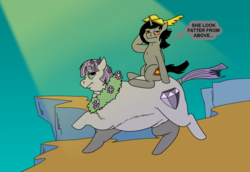 Size: 1640x1128 | Tagged: safe, artist:monterrang, maud pie, oc, oc:affetta, pony, tumblr:ask fat maud pie, g4, brunhilde, fat, looney tunes, majestic as fuck, maud pudge, ponies riding ponies, riding, running, sunlight, thought bubble, valkyrie, what's opera doc, wreath, wrong cutie mark