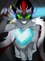 Size: 822x1122 | Tagged: safe, artist:lil miss jay, king sombra, anthro, full service playing cards, g4, armor, cape, censored, chainmail, claws, clothes, crystal heart, fluffy, glowing eyes, glowing horn, horn, looking at you, male, sideburns, solo, sombra eyes, sword, weapon