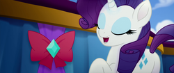 Size: 1920x804 | Tagged: safe, screencap, rarity, pony, unicorn, g4, my little pony: the movie, butt, eyes closed, female, mare, open mouth, plot, raised hoof, smiling, solo