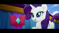 Size: 1920x1080 | Tagged: safe, screencap, rarity, pony, unicorn, g4, my little pony: the movie, butt, female, lidded eyes, mare, open mouth, plot, raised hoof, smiling, solo