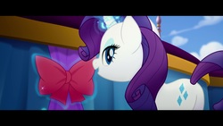 Size: 1920x1080 | Tagged: safe, screencap, rarity, pony, unicorn, g4, my little pony: the movie, butt, female, glowing horn, horn, lidded eyes, looking back, magic, mare, open mouth, plot, rearity, smiling, solo, telekinesis